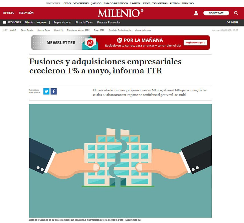 Fusiones y adquisiciones empresariales crecieron 1% a mayo, informa TTR